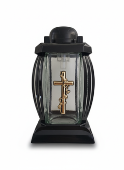 Znicz PRIMA 1 SOLAR  Czarny z Krzyżem  złotym– nowoczesna kapliczka, czas świecenia do 1000 dni
