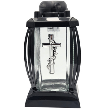 Znicz PRIMA 1 SOLAR  Czarny z Krzyżem  srebrnym– nowoczesna kapliczka, czas świecenia do 1000 dni